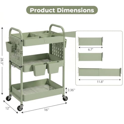 danpinera 3 Tier Rolling Cart with Retractable Dividers, Multi-Functional White Rolling Utility Cart with Pegboards, Hooks & Hanging Cups for Nursery, Living Room, Studio - color: Light Green