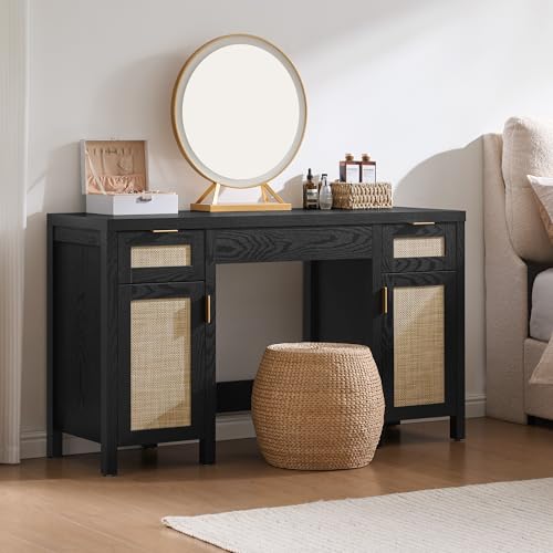 SICOTAS Rattan Vanity Home Office Desk with 3 Drawers, 52 Inch Vanity Table | Farmhouse Boho Makeup Vanity Dressing Table with Large Storage, Vanities Desk for Makeup Room, Bedroom, Office - size: 1 Piece, style: Black Oak