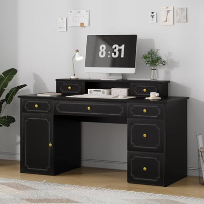 Catrimown Black Desk with 7 Drawers, 54 Inch Computer Desk with Cabinet for Work Writing Study, Vanity Desk with Golden Handle for Girls, Bedroom - color: Black
