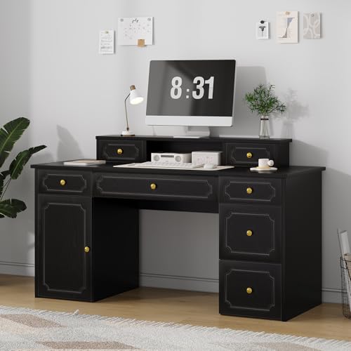 Catrimown Black Desk with 7 Drawers, 54 Inch Computer Desk with Cabinet for Work Writing Study, Vanity Desk with Golden Handle for Girls, Bedroom - color: Black