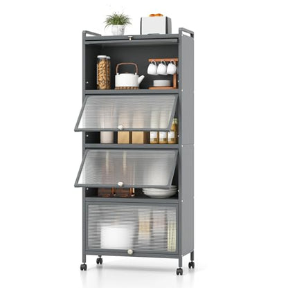 5-Tier Kitchen Storage Cabinet, Mobile Microwave Stand with Metal Frame, 4 Lockable Casters & Flip-up PC Doors, Freestanding Bakers Rack for Kitchen, Dining Room, Living Room (Grey) - color: Grey