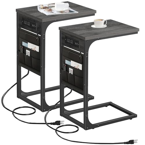 TUTOTAK C Shaped End Table with Charging Station, Side Table for Sofa, Couch Table with Storage Bag, Set of 2, TV Tray Table with 2 USB Ports and Outlets for Living Room, Bedroom, TB01BY0242 - color: Grey, size: 2 Pack (11.8"W), style: With Plug