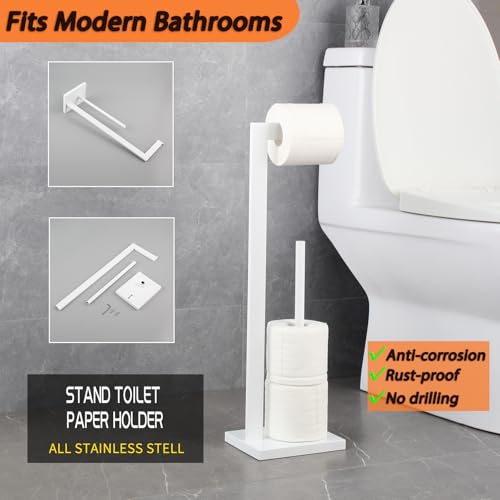 GERZWY SUS 304 Stainless Steel Toilet Paper Stand with Reserve, Free Standing Toilet Paper Holder, White - color: White