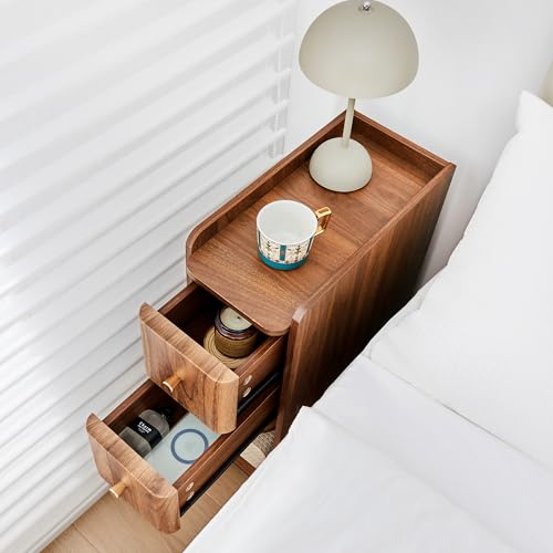Narrow End Table Bedroom, Wooden Small 2 Drawer Nightstand, Thin Couch Side End Table, Skinny Bedside Table Small Spaces, Mid Century Modern Night Stand with Drawers (Walnut-1 pc) - color: Walnut-1 Pc