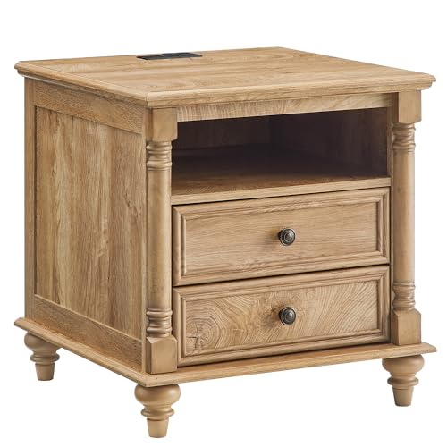 T4TREAM 24" Farmhouse Nightstands with 2 Drawers, Light Tree Knot | 4 Solid Wood Feet, Charging Station, Tall Rustic Wood Square, Sofa Side Table, Living Room, Bedroom - color: Light Tree Knot