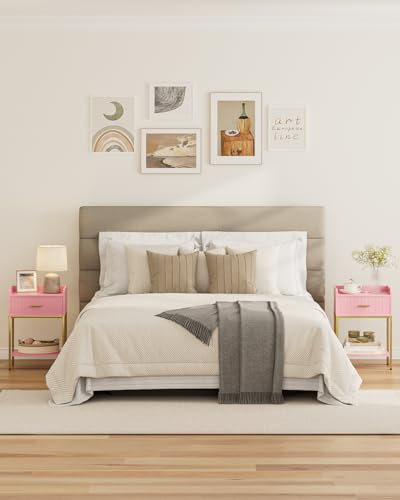 Nightstand, 3-Tier Bed Side Table, Small End Table, Night Stand with Open Shelf and Drawer, Bedside Table for Bedroom, Living Room, Pink - color: Pink, style: Without Charging Station