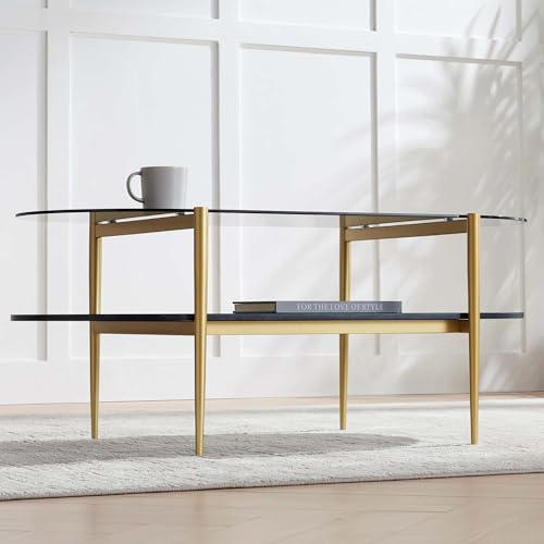 LumFurn Oval Glass Coffee Table, Mid-Century Modern Design, L41 x W21 x H17 inch, for Living Room, Grey Glass Top, Black Marble Finish Wood Shelf & Gold Finish Frame - color: Grey & Black Marble, size: L41" Oval Coffee Table