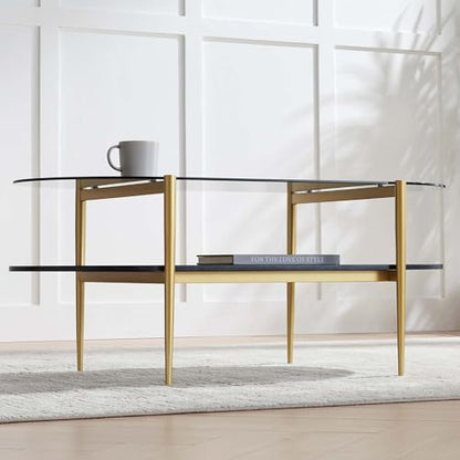 LumFurn Oval Glass Coffee Table, Mid-Century Modern Design, L41 x W21 x H17 inch, for Living Room, Grey Glass Top, Black Marble Finish Wood Shelf & Gold Finish Frame - color: Grey & Black Marble, size: L41" Oval Coffee Table