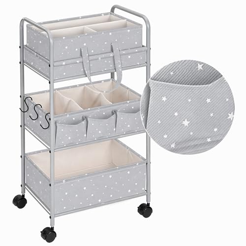 Yookeer 2in1 Baby Diaper Caddy Organizer Cart 3 Tier Large Capacity Metal Utility Bedside Rolling Cart with Divider Newborn Registry Gift Nursery Essential Must Have Bedroom Baby Shower(Gray,Star) - color: Gray, style: Star