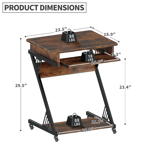ALISENED Computer Desk for Small Spaces, 23.6" Z-Shaped Compact Study Table with Smooth Keyboard Tray with Wheels and Bottom Shelves for Home Office, Computer Cart Mobile Laptop Cart, Rustic Brown - color: Brown