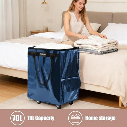 Reusable Grocery Bag Tote Bag with Wheels, Foldable Rolling Tote Bag with 3 Handles and Zipper - color: Navy Blue, size: Medium