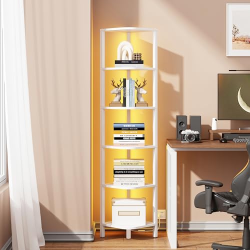 TUTOTAK Corner Shelf with LED Light, 6-Tier Corner Bookshelf | for Small Space, Narrow Display Corner Shelf Stand with Storage Rack, for Living Room, Bedroom, White BS08BW006L - color: White, size: 6-Tier Large With LED