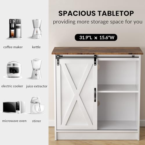 Farmhouse Coffee Bar Cabinet with Sliding Barn Door | Coffee Bar Table, Kitchern Coffee Bar with Adjustable Shelves for Dining Room, Living Room