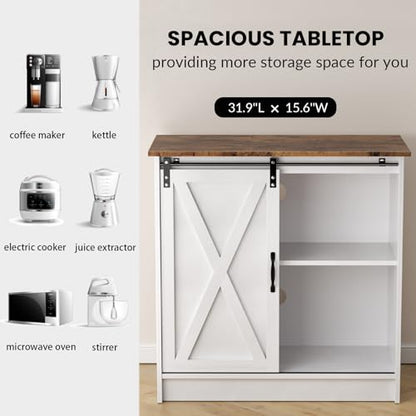 Farmhouse Coffee Bar Cabinet with Sliding Barn Door | Coffee Bar Table, Kitchern Coffee Bar with Adjustable Shelves for Dining Room, Living Room