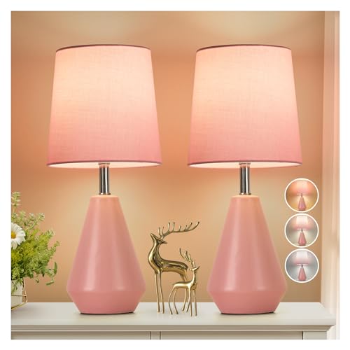 Small Bedside Table Lamp for Bedroom-Reading Desk Lamp Set of 2,with 3 Color Temperatures,15.5" Nightstand Ceramic Lamp with Fabric Shade for Kids Room,Living Room,Dorm,Home Office(Pink) - color: Pink-1, size: 15.5"
