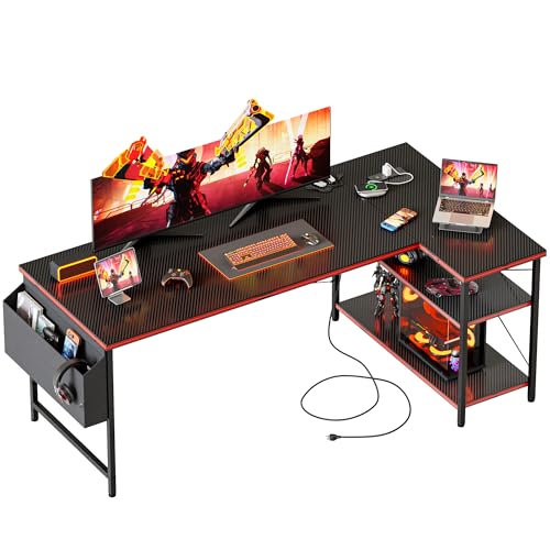 Mericonia Small L Shaped Computer Desk with Power Outlets, Reversible Gaming Desk with Storage Shelves, Corner Gamer Desk Table, Study Writing Table - color: Carbon Fiber, size: 54 inch