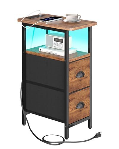 sthmec Narrow End Table with Charging Station, Narrow Side Table with 2 Fabric Drawers, LED End Table, Slim Nightstand with LED Light, Small Side Table for Small Space,Living Room,Bedroom,Rustic Brown - color: Rustic Brown, size: 7.87'' W x 15.75'' D x 24