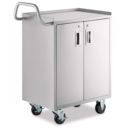 16" x 24" Stainless Steel Utility Cart with Enclosed Base and Locking Doors - 4 Shelf Heavy-Duty 18-Gauge 304 Steel Rolling Cabinet - NSF Commercial Service Cart for Kitchen, Catering, Restaurant - size: 4 Shelf