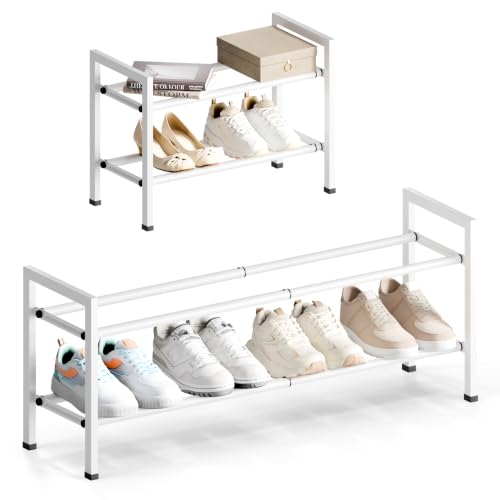 Bumusty 2 Tier Expandable Shoe Rack for Closet, White | 18"-33" Adjustable Shoe Rack for Entryway, Small Shoe Organizer for Dorm, Front Door, Sturdy Metal - color: White, size: 2-tier
