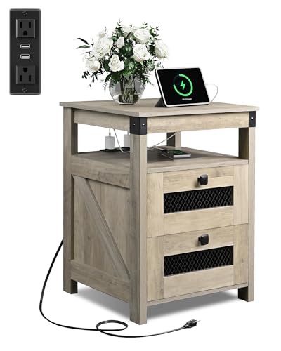 WLIVE Nightstand with Charging Station, Farmhouse End Table, Bed Side Table with 2 Storage Drawers and Open Shelf, Wood Rustic Nightstands for Bedroom, Greige - color: Greige, style: Farmhouse
