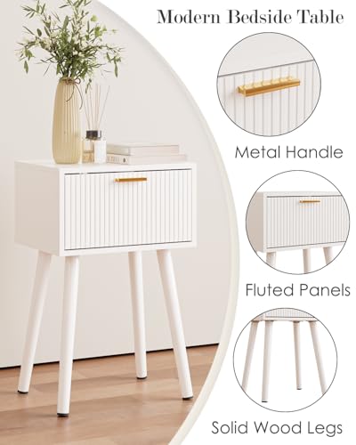 Night Stand Set 2, White Nightstand with Fluted Doors, Small Modern Mid-Century Bedside Table for Bedroom, End Table for Living Room - color: White