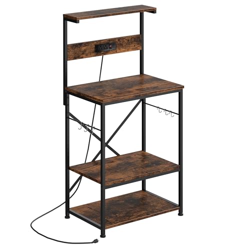 Shintenchi Bakers Rack with Power Outlet, Kitchen Organizer and Storage with 6 Hooks, Microwave Oven Stand, Kitchen Shelf for Spice, Coffee Station, Coffee Bar Table (Vintage Brown) - color: Rustic Brown, size: 23.6inch with Power Outlet