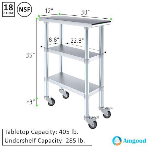 AmGood Stainless Steel Work Table with 2 Shelves and Casters | Metal Utility Table On Wheels (Stainless Steel Work Table with 2 Shelves + Casters, 12" Long x 30" Deep) - size: 12" Long x 30" Deep