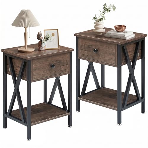 VECELO Nightstands Set of 2, Modern Bedside End Tables, Night Stands with Drawer and Storage Shelf for Living Room Bedroom, Industrial Metal Frame - color: Grey, size: Set of 2 - 15.8"W x 11.8"D x 21.7"H