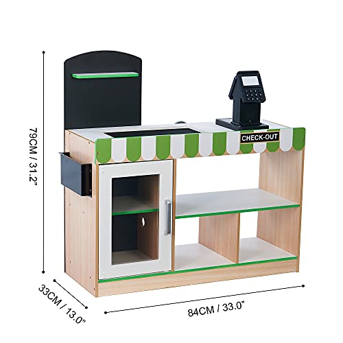 Teamson Kids Cashier Austin Interactive Wooden Play Market Stand with Lights and Sounds, Manual Conveyor Belt, Register and Display Spaces, Green and White Décor on Natural Wood | Manual Conveyor Belt, Scanner, Display Shelves, Green and Natural, Educatio