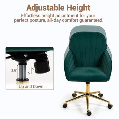 Velvet Make Up Vanity Chair with Wheels and Gold Base 330 Lbs - Green | Home office Chair, Study Chair, Teacher Chair, Cute Chair, Height Adjustable Swivel Desk Chair, for Living Room Study Room - color: Green