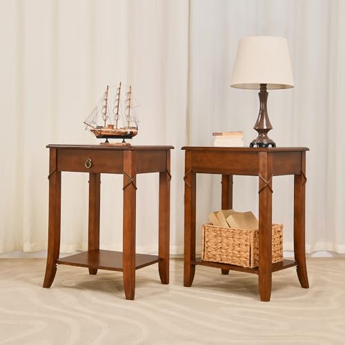 27.6" High End Table with Drawer and Storage Shelf, Solid Wood Side Table, Traditional Sofa BesideTables, Narrow Telephone Tables for Living Room,Small Space No-Tools Assembly, Cherry Brown GBJDR200 - color: Cherry Brown
