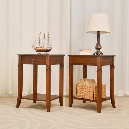 27.6" High End Table with Drawer and Storage Shelf, Solid Wood Side Table, Traditional Sofa BesideTables, Narrow Telephone Tables for Living Room,Small Space No-Tools Assembly, Cherry Brown GBJDR200 - color: Cherry Brown