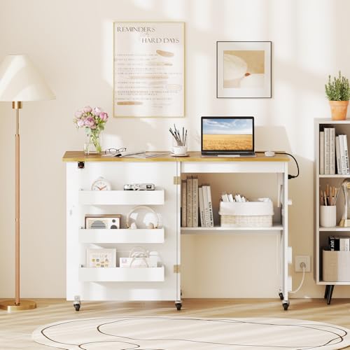 Giantex Folding Sewing Table with Charging Station, Storage Trays & Shelf | Rolling Craft Table with Lockable Wheels, Foldable Sewing Machine Cabinet Desk for Small Spaces, Dorms, White & Natural - color: White & Natural