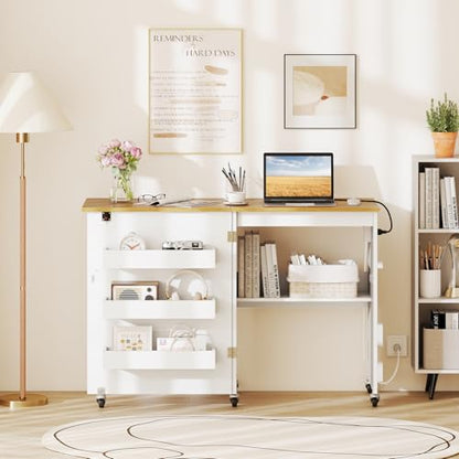 Giantex Folding Sewing Table with Charging Station, Storage Trays & Shelf | Rolling Craft Table with Lockable Wheels, Foldable Sewing Machine Cabinet Desk for Small Spaces, Dorms, White & Natural - color: White & Natural
