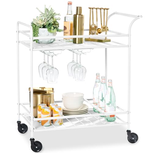 Best Choice Products Rolling Bar Cart, Mobile Home Bar Serving Cart, Serving Station w/ 2 Tier Shelves, Wine Rack, Lockable Wheels - White - color: White