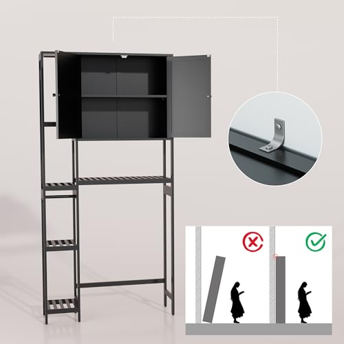 Bamboo Over The Toilet Storage, Above Toilet Organizer Storage Shelf Stand, Tall Freestanding Behind Toilet Rack, Tiered Bathroom Space Saver Shelving, Easy Assembly (Black) - color: Black