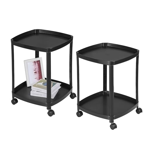 VECELO Rolling End Side Table with Lockable Wheels, 2‑Tier Plastic Mobile Sofa Side Table, Small Nightstand Storage Cart for Living Room Bedroom Bathroom, 2 PCS, Black - color: Black, size: 2 PCS
