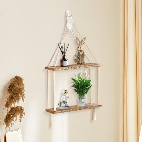 Macrame Wall Hanging Shelf, Handmade Cotton Rope Rustic Wood Shelve | Hand-Woven Cotton Rope & Natural Wood Hold 20 lbs. 2 Acrylic Hooks Included. Boho Charm for Displaying Plants & Collectibles