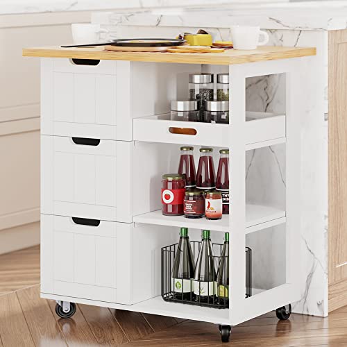 Shintenchi Kitchen Island Cart with Storage,Rolling Kitchen Island Storage Cabinet,Side Table on Wheels with Worktop,3 Open Shelves and 3 Drawers for Kitchen,Dinning Room, White - color: White-26inch