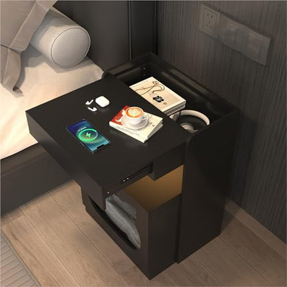 Mojztezy Black Bedside Table with Cat Design, Built-in Charging Station & Soft LED Light, Minimalist Pet-Friendly Storage Nightstand, Stylish Accent Furniture for Bedroom, Office and Living Room