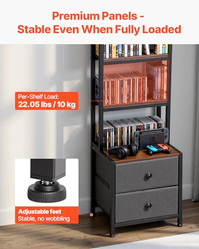 VEVOR Media Storage Cabinet, 4-Shelf DVD Shelf Organizer with Drawers, 15.75 x 11.81 x 56.50 in Multimedia Storage Organizer for CDs, DVDs, Books and Games, CD Cabinet for Living Room, Home Office