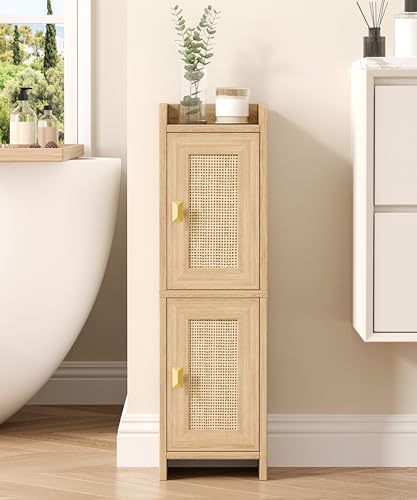 Akxomel Rattan Small Bathroom Cabinet with 2 Doors, 7.9''D x 7.9''W Narrow Toilet Paper Storage Cabinet, Bathroom Organizer for Small Spaces, Wooden Slim Corner Unit with Adjustable Shelf, Natural Oak - color: Natural Oak, size: 7.9''D x 7.9''W x 27.6''H