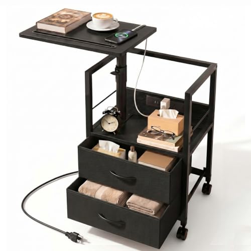 Faesun Swivel Lift Top Nightstand with Charging Station, Rolling Side Table for Recliner, Bedside Table with Wheels & 2 Fabric Drawers, for Small Spaces, for Bedroom, Living Room, Black - color: 03 - Black, size: 2 Drawers