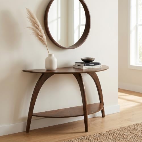 Martin Svensson Home LAX Mid Century Wood Sofa Console Table, Walnut Brown | Retro Modern, Half-Moon Table with Lower Shelf, for Living Room or Entryway - color: Walnut Brown