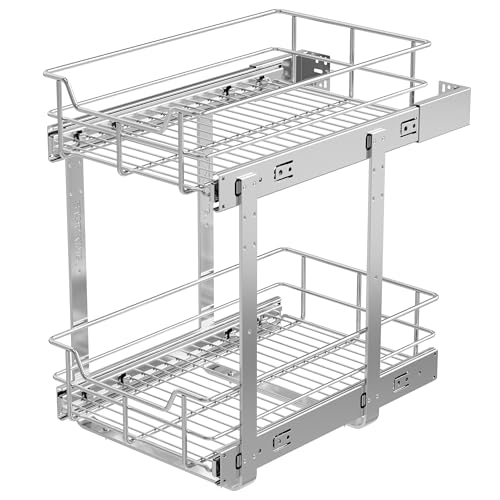 2 Tier Pull Out Cabinet Organizer 11" W X 17" D, Chromed, Full Slide Out | For Kitchen Organizers and Storage, Pull Out Drawers For Cabinets Capacity Heavy Duty Caddy, Cabinet Shelves, Bathroom Pantry - color: 2 Tier - Chrome-Plated, size: 11" W X 17" D
