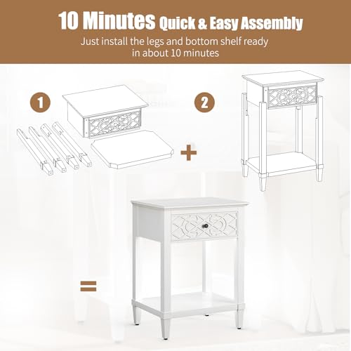 26" Night Stand with Drawers, Painted Bedside Table, Solid Wood Nightstand | Pine Leg and Solid Wood Frame Nightstand, Side Table End Table for Bedroom, Carved Pattern, Distressed White - color: Distressed White