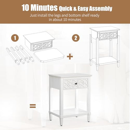 26" Night Stand with Drawers, Painted Bedside Table, Solid Wood Nightstand | Pine Leg and Solid Wood Frame Nightstand, Side Table End Table for Bedroom, Carved Pattern, Distressed White - color: Distressed White