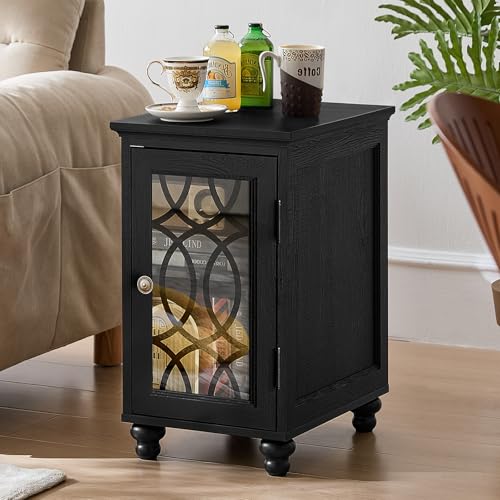 Joaxswe Narrow Side Table with Glass Door, 18 x 14'' Night Stand with Adjustable Shelf Storage Cabinet Organizer, Bedside End Tables Wood Nightstand for Small Spaces Living Room Bedroom - color: Classic Black, size: without Charger