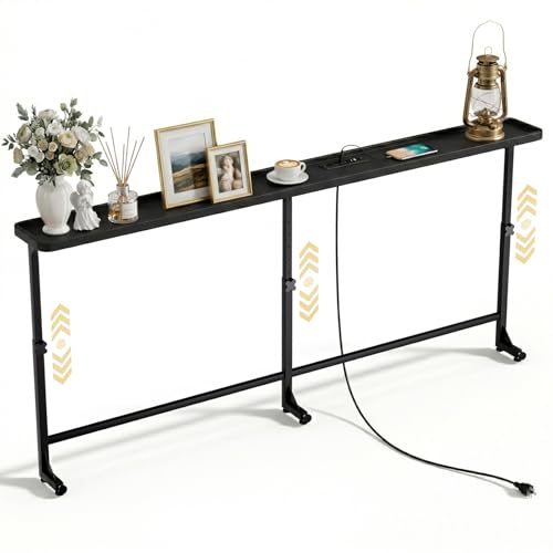 Faesun 70.9 Inch Vacuum Forming Behind Couch Table, 24"-32" Adjustable Height Range, Behind The Couch Table with Outlet, Adjustable Console Table, Narrow Long Sofa Table, for Living Room, Black - color: Black, size: 70.9"w x 5.9"d (C-shaped Pro)