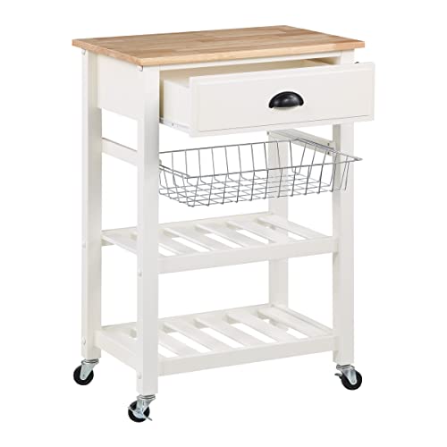 OSP Home Furnishings Hampton Kitchen Cart with Wood Top, Utensil Drawer, Under Cabinet Basket, and 2 Slatted Shelves, White Base